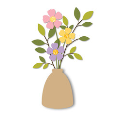 Bouquet of colorful flowers in vase isolated on white background. Flower vase PNG, spring concept. Shadow overlay. copy space for the text. illustration paper cut design style.
