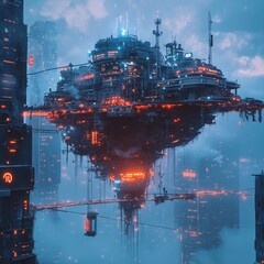 Fototapeta premium Futuristic Sci-Fi Cityscape at Night: Neon-Lit Urban Landscape Illustration with Hovering Technology