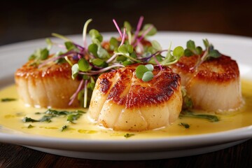 Three seared scallops in a rich sauce.