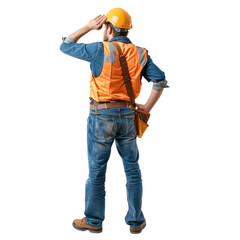 Back view of construction worker looking at something up, standing isolate on transparent background