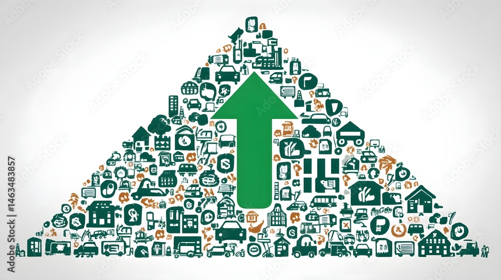 Poster a symbolic representation of circular economy principles, featuring a green arrow pointing upwards t