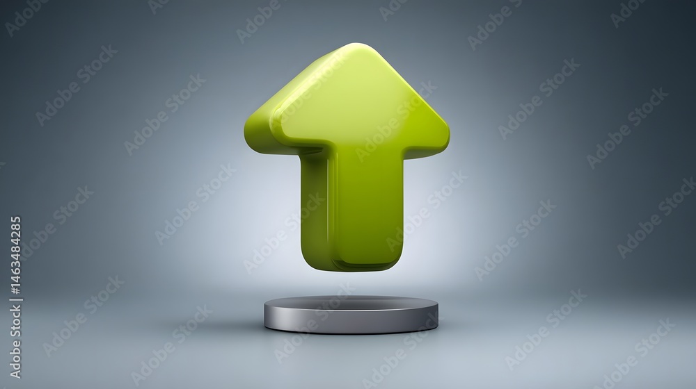 Poster against a clean background, an upward-pointing arrow in green symbolizes progress in the circular ec
