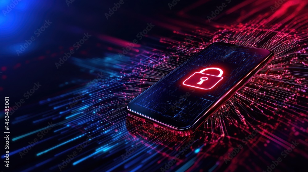 Poster mobile security smartphone with glowing padlock on digital network background
