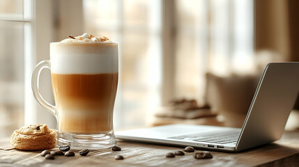 Latte Coffee with Cookies and Laptop on Wooden Desk near Window