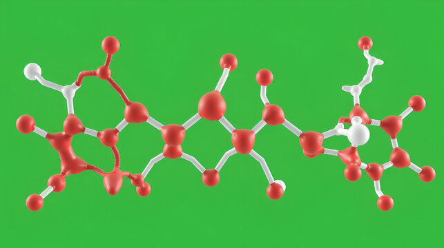 Scientific illustration of Thromboxane B2 skeletal structure. Detailed 3D model of prostanoid compound molecule. Modern scientific visualization on green backdrop. Visual aids in biochemistry