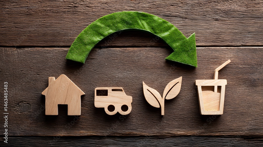 Poster a symbolic representation of circular economy principles, featuring a green arrow pointing upwards t