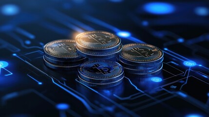 Digital currency coins on circuit board finance technology concept