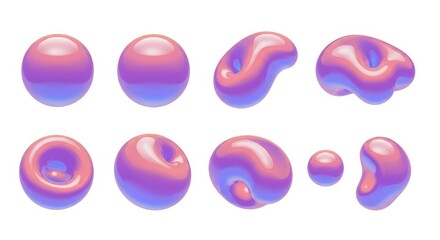 Abstract Purple and Pink 3D Shapes Collection - Set of eight iridescent, abstract 3D shapes in shades of pink and purple, perfect for design projects