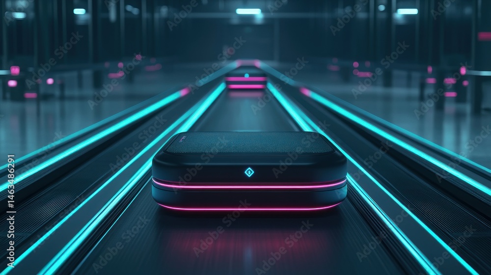 Poster Automated transport system futuristic containers moving on illuminated tracks
