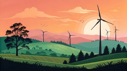 Obraz premium Artistic silhouette of wind turbines set against a vibrant sunrise, emphasizing the beauty of eco-friendly energy solutions within natural environments.