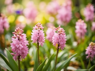Fototapeta premium Springtime Pink Hyacinths in a Garden Setting