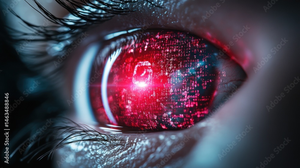 Poster digital eye red iris with binary code reflection