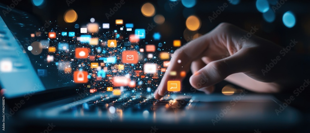 Aufkleber digital interaction hand using laptop with emerging app icons