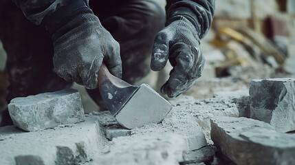 Construction Worker Using Chisel on Stone