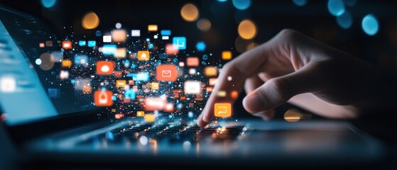 Digital interaction hand using laptop with emerging app icons