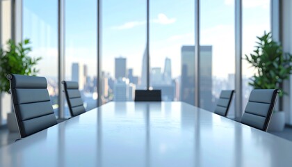 Modern conference room with sleek furniture, large windows showcasing a city skyline, emphasizing a professional and collaborative atmosphere