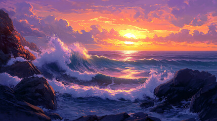 Stunning Frozen Cove at Sunset with Crashing Waves, huge shore break wave crashing on the beach, watercolor design dramatic sunset illuminating a rugged coastline.