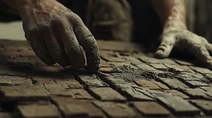 Hands Working with Clay Tiles