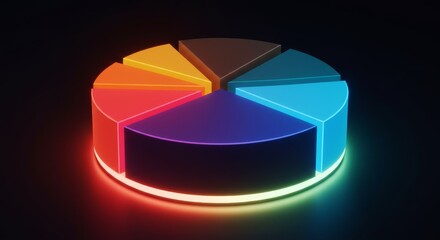 Fototapeta premium Colorful Neon Pie Chart Data Visualization - A vibrant 3D neon pie chart segmented into seven sections, ideal for presentations and data analysis
