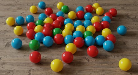 Obraz premium Colorful Plastic Balls Scattered on Wooden Table - Playful symbolizing childhood, fun, creativity, energy, and joy. A vibrant collection of plastic balls scattered across a wooden surface
