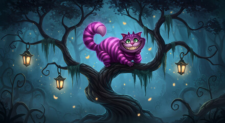Cheshire Cat in Enchanting Moonlight Forest