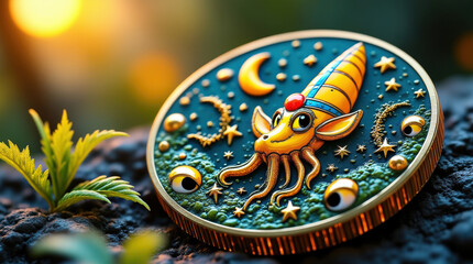 Decorative talismans combine mystical beings, celestial symbols, and alchemical elements in a dark teal design