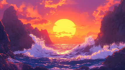 Stunning Frozen Cove at Sunset with Crashing Waves, huge shore break wave crashing on the beach, watercolor design dramatic sunset illuminating a rugged coastline.