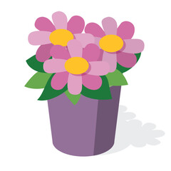 Potted cartoon pink flowers in purple vase. Isometric style. Element for greeting cards, gardening infographics, floral branding, and lifestyle blogs. Isolated on white.