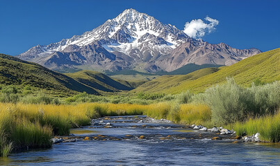 Majestic Snowcapped Mountain Peak with River Valley