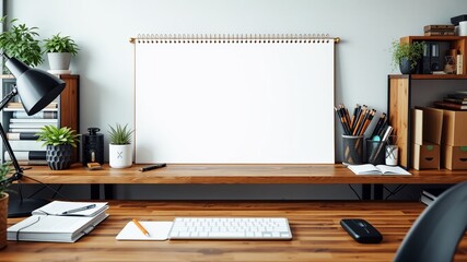 Home Office Workspace Mockup - Empty Sketchbook & Design Space