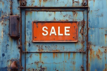 Weathered metal surface with a bold red SALE sign, contrasting against the distressed blue and rusty industrial background