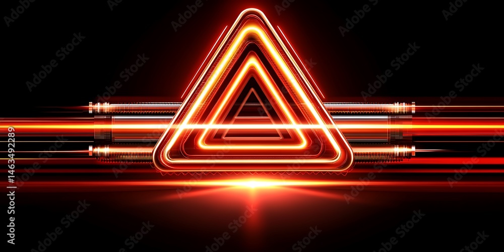 Poster energetic triangular portal emitting fiery rays on the dark background
