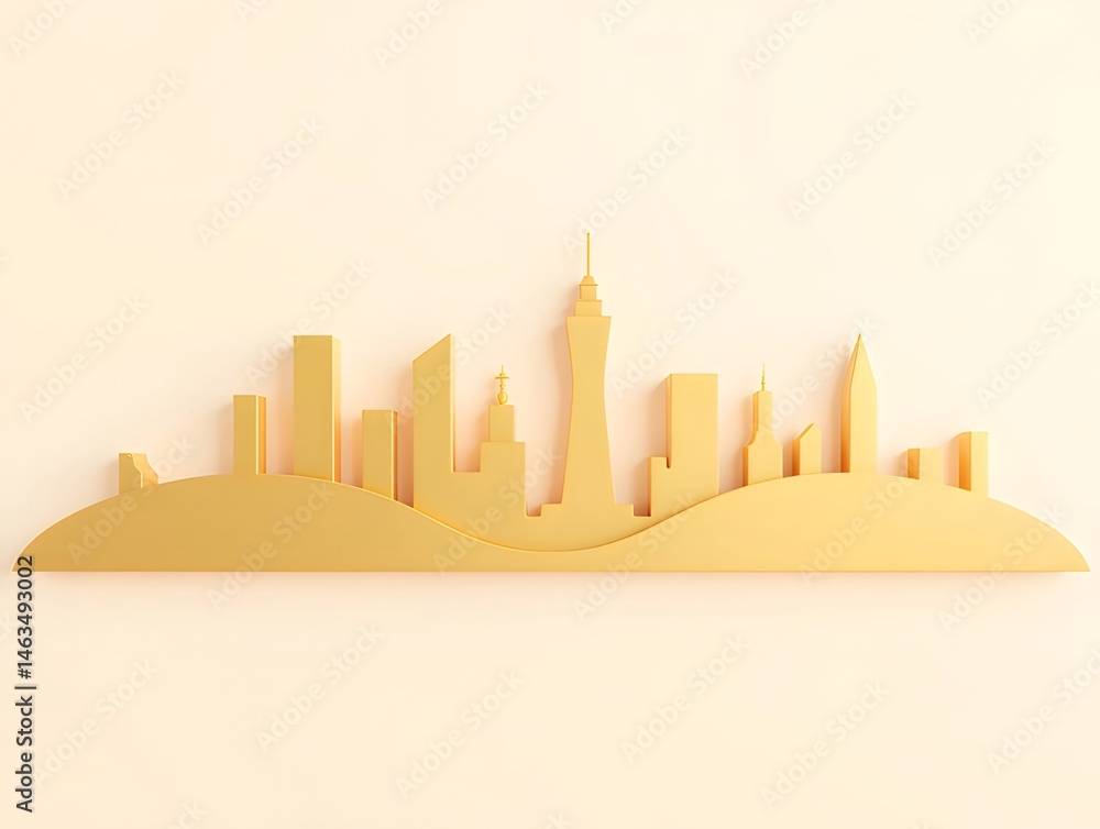 Poster 金色の都市スカイラインシルエット抽象的な背景にミニマルなデザインで