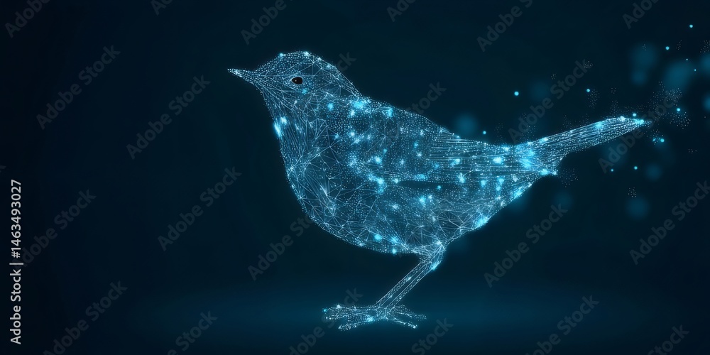 Poster 青い背景に輝くドットで構成された鳥のデジタルアート 未来的なテクノロジーと革新を象徴する抽象的なデザイン