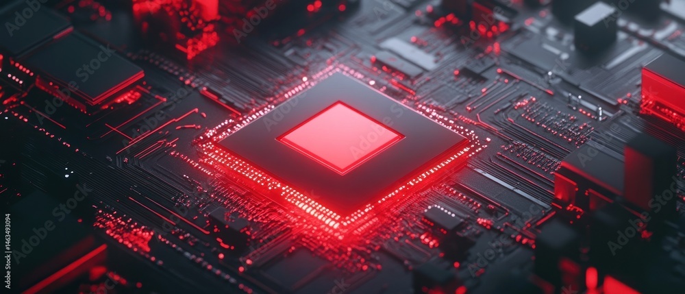 Poster red hot processor: a close-up of a computer chip's glowing core