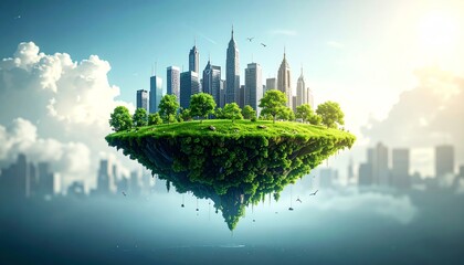 A floating green island with skyscrapers and trees, blending nature and urban life, set against a bright sky