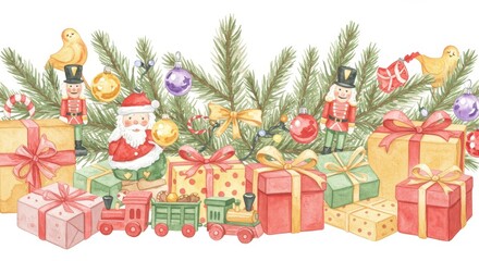 Naklejka premium Festive Christmas Watercolor Border with Toys and Presents - Celebrate the holidays with this charming watercolor illustration. Symbolizing joy, tradition, gifting, winter, and childhood memories