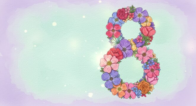 Floral Eight Celebration - A vibrant illustration of the number 8 crafted from colorful flowers, symbolizing joy, elegance, celebration, femininity, and springtime