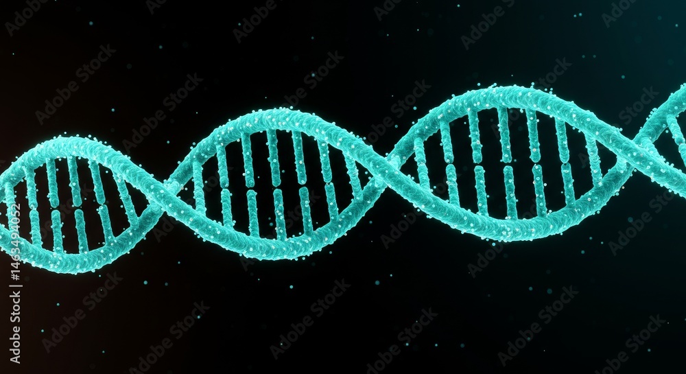 Poster genetic code double helix structure - teal glowing dna double helix, abstract science background. pe