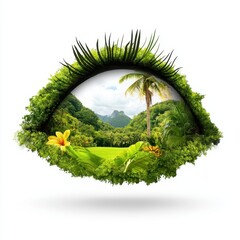Lush green landscape viewed through a stylized eye, featuring vibrant foliage, a palm tree, and mountains. The eye is created from leaves and flowers, offering a unique perspective on nature.