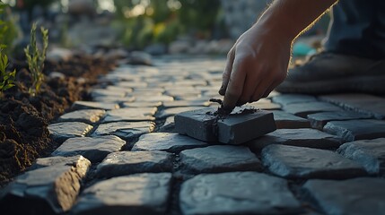 Hand Laying Cobblestone Path in Garden