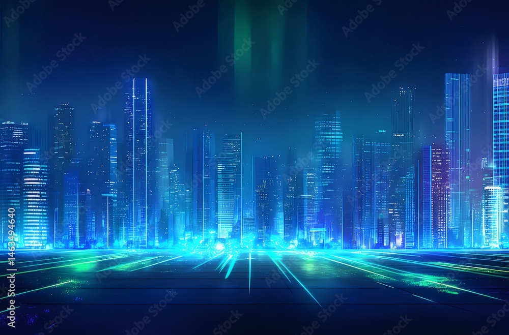 Poster 青色ネオンライト都市景観の未来的な抽象的な表現と高層ビルのシルエットと建築物の反射パターンとライトの効果