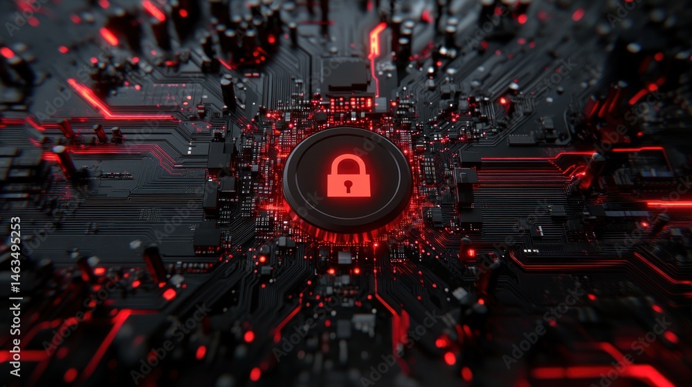 Poster red illuminated lock icon on circuit board data protection cybersecurity concept