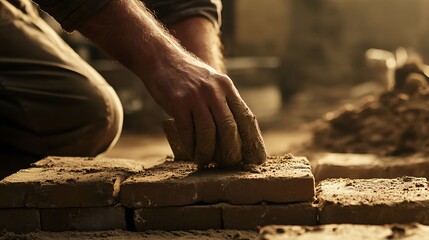 Close-up of a person laying bricks in a construction site