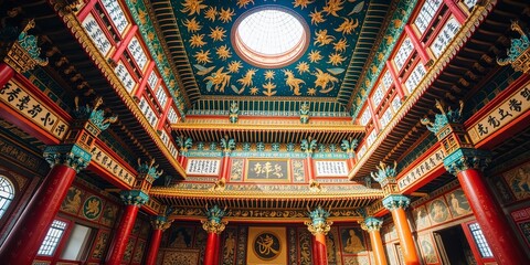 Obraz premium Hong Kong's Po Lin Monastery: Colourful Interior, Sutra Verses Adorn Walls and Ceiling.