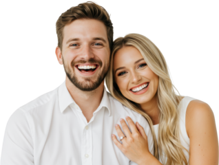 Happy Couple Portrait Engaged Man and Woman Smiling Joyfully Together