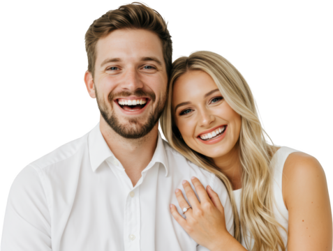 Happy Couple Portrait Engaged Man and Woman Smiling Joyfully Together