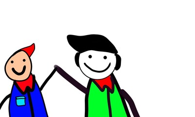Illustration of Two Cheerful Cartoon Friends Holding Hands