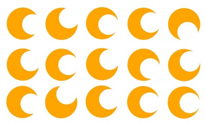 Set of fifteen orange crescent moon icons on white background. Minimalist celestial symbols, perfect for graphic design, patterns, decorations, and creative projects.