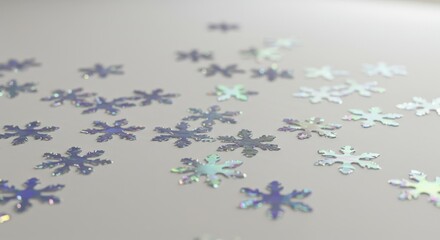 Iridescent Snowflakes on Soft White - Sparkling iridescent snowflakes scattered on a soft white background. Symbolizing winter, magic, celebration, beauty, and serenity